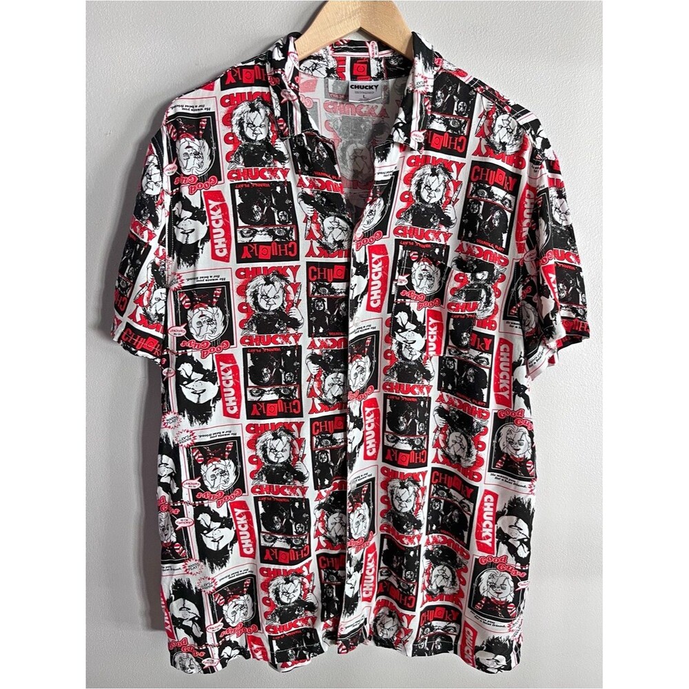 Chucky Child’s Play Horror Movie Graphic Camp Shirt Button Up Men’s Large